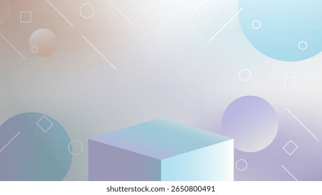Una pantalla de podio geométrica en 3D con esferas de fondo de gradiente pastel suave. Este contenido se creó utilizando herramientas y software de dibujo de Vectores, no generados por IA