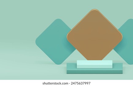 3d geometric podium green squared stand with golden rhombus wall background realistic vector illustration. Luxury elegant advertising display step pedestal rendering shapes interior for presentation
