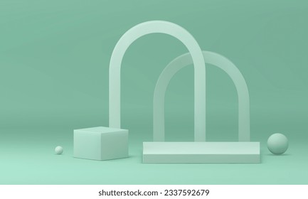 3d geometric podium light green pastel pedestal mock up for cosmetic product show vector illustration. Realistic trendy stage abstract aesthetic composition minimalist soft studio background