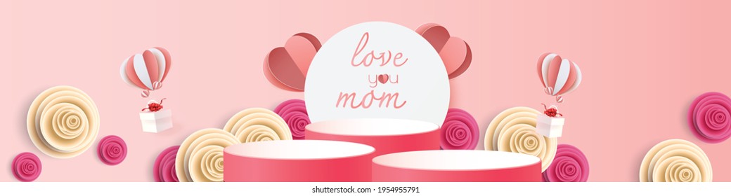 3d geometric podium mockup flower pink red netural concept for showcase background Abstract minimal scene product presentation on mother's day