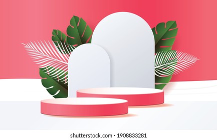 3d geometric podium mockup leaf tropical concept for showcase pink background Abstract minimal scene product presentation vector illustation