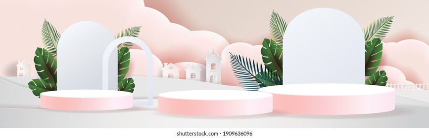 3d geometric podium mockup leaf tropical netural concept for showcase green background Abstract minimal scene product presentation