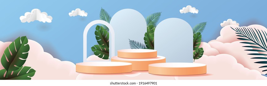 3d geometric podium mockup leaf tropical natural concept for showcase green background Abstract minimal scene product presentation vector illustrator
