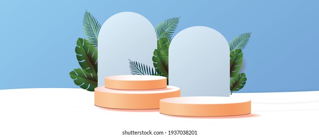 3d geometric podium mockup leaf tropical in summer season netural concept for showcase green background Abstract minimal scene product presentation