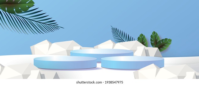  3d geometric podium mockup leaf tropical netural concept for showcase aqua blue background Abstract minimal scene product presentation 