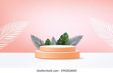  3d geometric podium mockup leaf tropical netural concept for showcase pink background Abstract minimal scene product presentation vector illustation