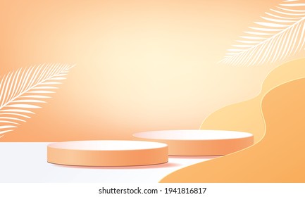  3d geometric podium mockup leaf tropical netural concept for showcase yellow background Abstract minimal scene product presentation 