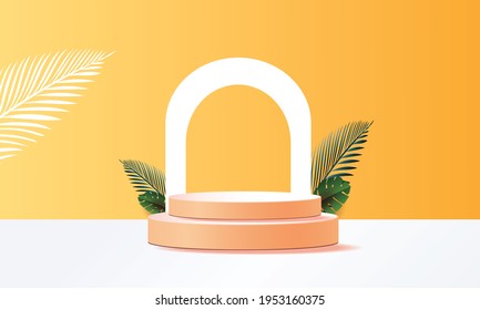 3D-geometrisches Podium-Mock-up-Blätter tropisches Netural-Konzept für Showcase gelber Hintergrund Abstrakte minimale Szene-Präsentation Sommer-Saison