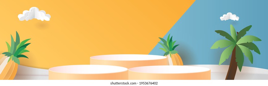 3d geometric podium mockup leaf tropical netural concept for showcase yellow background Abstract minimal scene product presentation summer season paper art