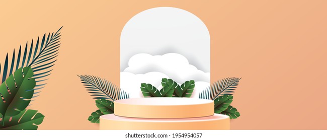 3d geometric podium mockup leaf tropical netural concept for showcase green orange background Abstract minimal scene product presentation 