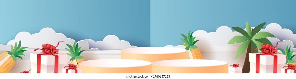 3d geometric podium mockup leaf tropical netural concept paper art for showcase yellow background Abstract minimal scene product presentation summer season