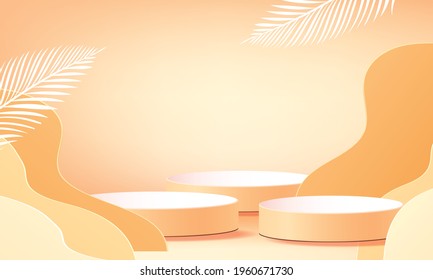  3D-geometrisches Podium-Mock-up-Blätter tropisches Neturonalkonzept für den gelben Hintergrund Abstrakte minimale Szene-Produktpräsentation 