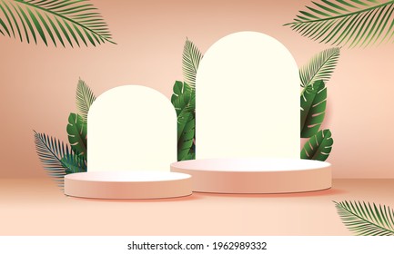 3d geometric podium mockup leaf tropical netural concept for showcase green background Abstract minimal scene product presentation vector illustation
