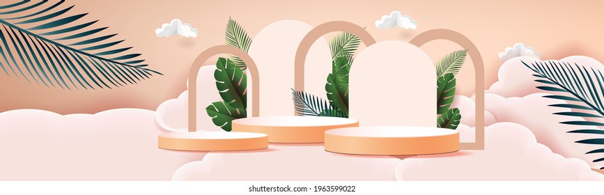 3d geometric podium mockup leaf tropical netural concept for showcase green background Abstract minimal scene product presentation vector illustation