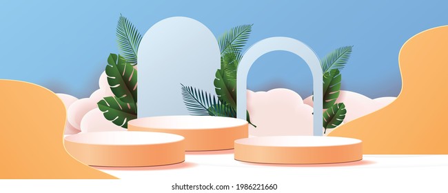 3d geometric podium mockup leaf tropical netural concept for showcase green background Abstract minimal scene product presentation vector illustation
