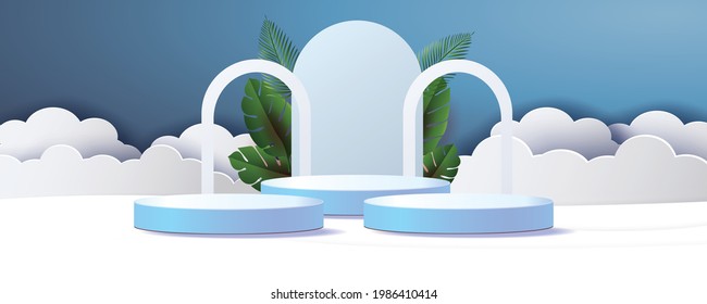 3D-geometrisches Podium-Mock-up-Blätter tropischen neuronalen Konzept für zeigen grüner Hintergrund Abstrakte minimale Szene Produktpräsentation Vektorgrafik
