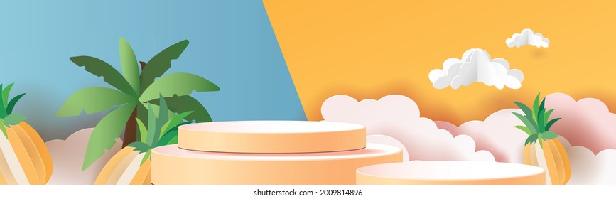 3d geometric podium mockup leaf tropical netural concept for showcase yellow background Abstract minimal scene product presentation summer season paper art