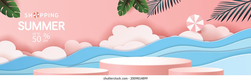 3d geometric podium mockup leaf tropical netural concept for showcase yellow background Abstract minimal scene product presentation summer season paper art