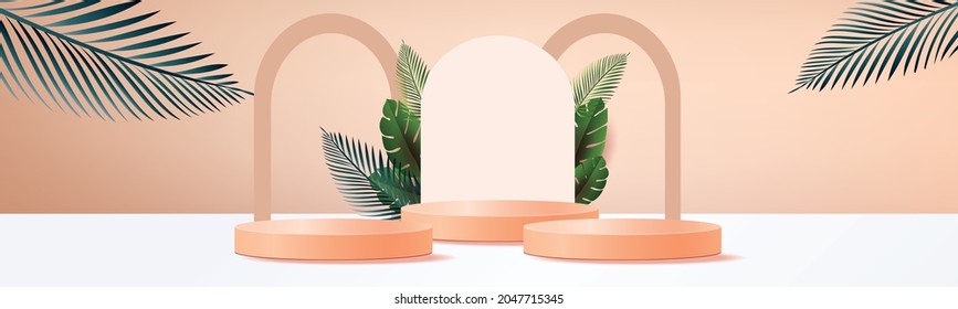 3d geometric podium mockup leaf tropical netural concept for showcase Brown background Abstract minimal scene product presentation 