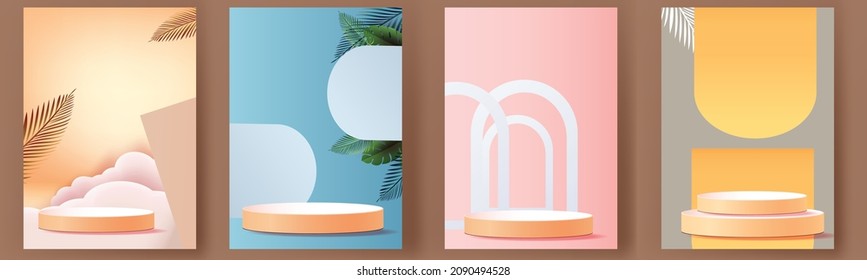 3d geometric podium mockup leaf tropical natural concept for show green background Abstract minimal scene product presentation vector illustrator