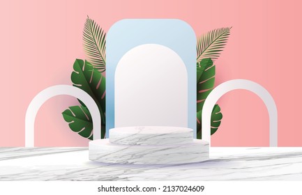 3d geometric podium mockup leaf tropical netural concept for showcase pink blue background Abstract minimal scene product presentation vector illustation