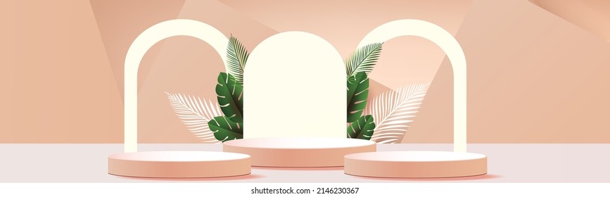 3d geometric podium mockup leaf tropical netural concept for showcase green background Abstract minimal scene product presentation vector illustation