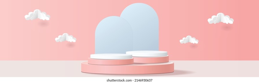 3d geometric podium mockup leaf tropical netural concept for showcase pink blue background Abstract minimal scene product presentation vector illustation
