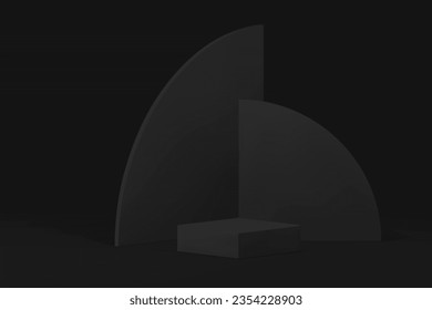 3d geometric podium pedestal black showroom interior for male brutal product promo realistic vector illustration. Fashion squared platform showcase commercial room space for sale shopping advertising