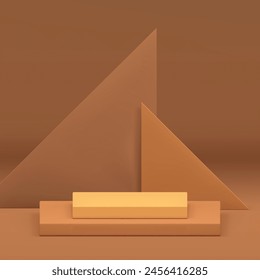3d podio geométrico pedestal cuadrado con triángulo de fondo de pared de Ilustración vectorial realista. Modelo de sala de exposición vacía neutral beige para la presentación de productos cosméticos