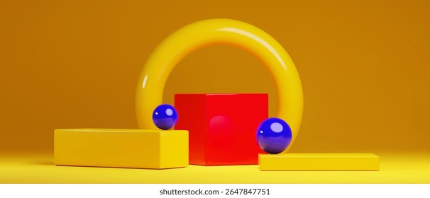 3D geometric podium for product presentation on yellow background. Vector realistic illustration of showroom with red cube, blue balls, torus arch, rectangular pedestal with shadows, banner template