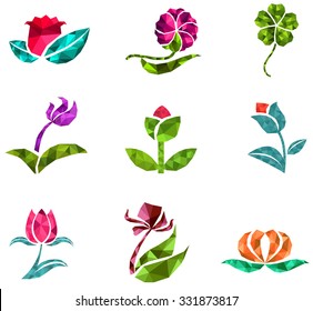 3D geometric polygon jewelry of creative crystal flower flora such as lotus daisy tulip rose clover icon gem collection set design, create by vector 