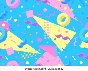3d geometric seamless pattern in 80s memphis style. Isometric geometric shapes in different colors. Design for wrapping paper, promotional materials and fabrics. Vector illustration