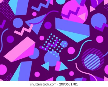 3d geometric seamless pattern in 80s memphis style. Colorful background with isometric geometric shapes. Design for promotional products, wrapping paper, brochures and printing. Vector illustration