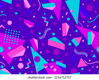 3d geometric seamless pattern in 80s memphis style. Colorful background with isometric geometric shapes. Design for promotional products, wrapping paper, brochures and printing. Vector illustration