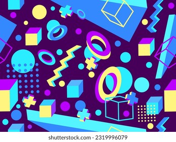 3D geometric seamless pattern in 80s style. 3d isometric triangles, zigzags and circles. Geometric memphis style. Design for promotional products, wrapping paper and printing. Vector illustration