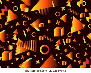 3D geometric seamless pattern in 80s style. 3d isometric shapes with gradient colors. Geometric memphis style. Design for promotional products, wrapping paper and printing. Vector illustration