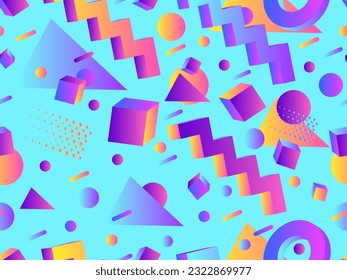 3D geometric seamless pattern in 80s style. 3d isometric shapes with gradient colors. Geometric memphis style. Design for promotional products, wrapping paper and printing. Vector illustration