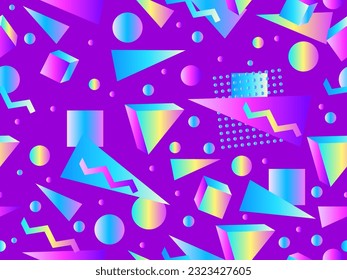 3D geometric seamless pattern in 80s style. 3d isometric shapes with gradient colors. Geometric memphis style. Design for promotional products, wrapping paper and printing. Vector illustration