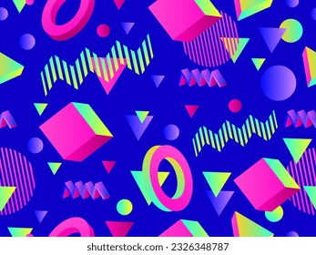 3D geometric seamless pattern in 80s style. 3d isometric shapes with gradient colors. Geometric memphis style. Design for promotional products, wrapping paper and printing. Vector illustration