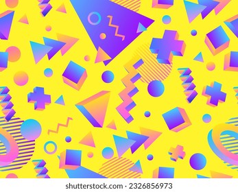 3D geometric seamless pattern in 80s style. 3d isometric shapes with gradient colors. Geometric memphis style. Design for promotional products, wrapping paper and printing. Vector illustration