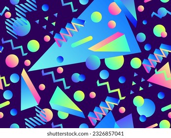 3D geometric seamless pattern in 80s style. 3d isometric shapes with gradient colors. Geometric memphis style. Design for promotional products, wrapping paper and printing. Vector illustration
