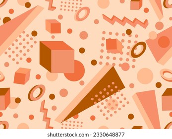 3D geometric seamless pattern in 80s style. 3d isometric triangles, zigzags and circles. Geometric memphis style. Design for promotional products, wrapping paper and printing. Vector illustration