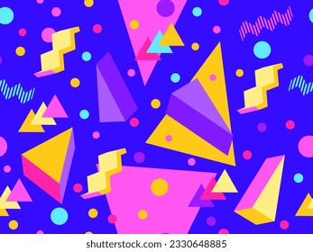 3D geometric seamless pattern in 80s style. 3d isometric triangles, zigzags and circles. Geometric memphis style. Design for promotional products, wrapping paper and printing. Vector illustration