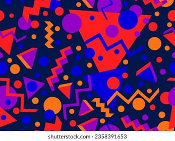 3D geometric seamless pattern in 80s style. 3d isometric triangles, zigzags and circles. Geometric memphis style. Design for promotional products, wrapping paper and printing. Vector illustration