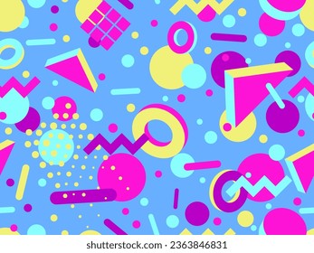 3D geometric seamless pattern in 80s style. 3d isometric triangles, zigzags and circles. Geometric memphis style. Design for promotional products, wrapping paper and printing. Vector illustration