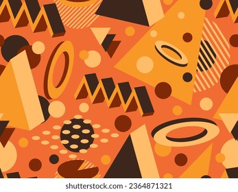 3D geometric seamless pattern in 80s style. 3d isometric triangles, zigzags and circles. Geometric memphis style. Design for promotional products, wrapping paper and printing. Vector illustration