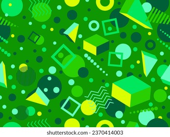 Patrón geométrico sin soldadura 3D en el estilo de los años 80. Triángulos isométricos 3d, zigzags y círculos. Estilo de memphis geométricos. Diseño para productos promocionales, papel envolvente e impresión. Ilustración del vector