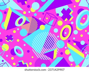 3D geometric seamless pattern in 80s style. 3d isometric triangles, zigzags and circles. Geometric memphis style. Design for promotional products, wrapping paper and printing. Vector illustration