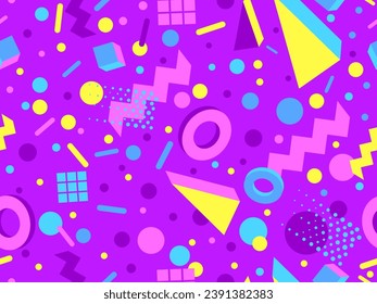3D geometric seamless pattern in 80s style. 3d isometric triangles, zigzags and circles. Geometric memphis style. Design for promotional products, wrapping paper and printing. Vector illustration
