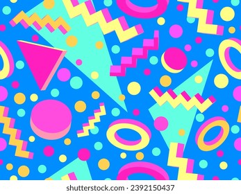 3D geometric seamless pattern in 80s style. 3d isometric triangles, zigzags and circles. Geometric memphis style. Design for promotional products, wrapping paper and printing. Vector illustration